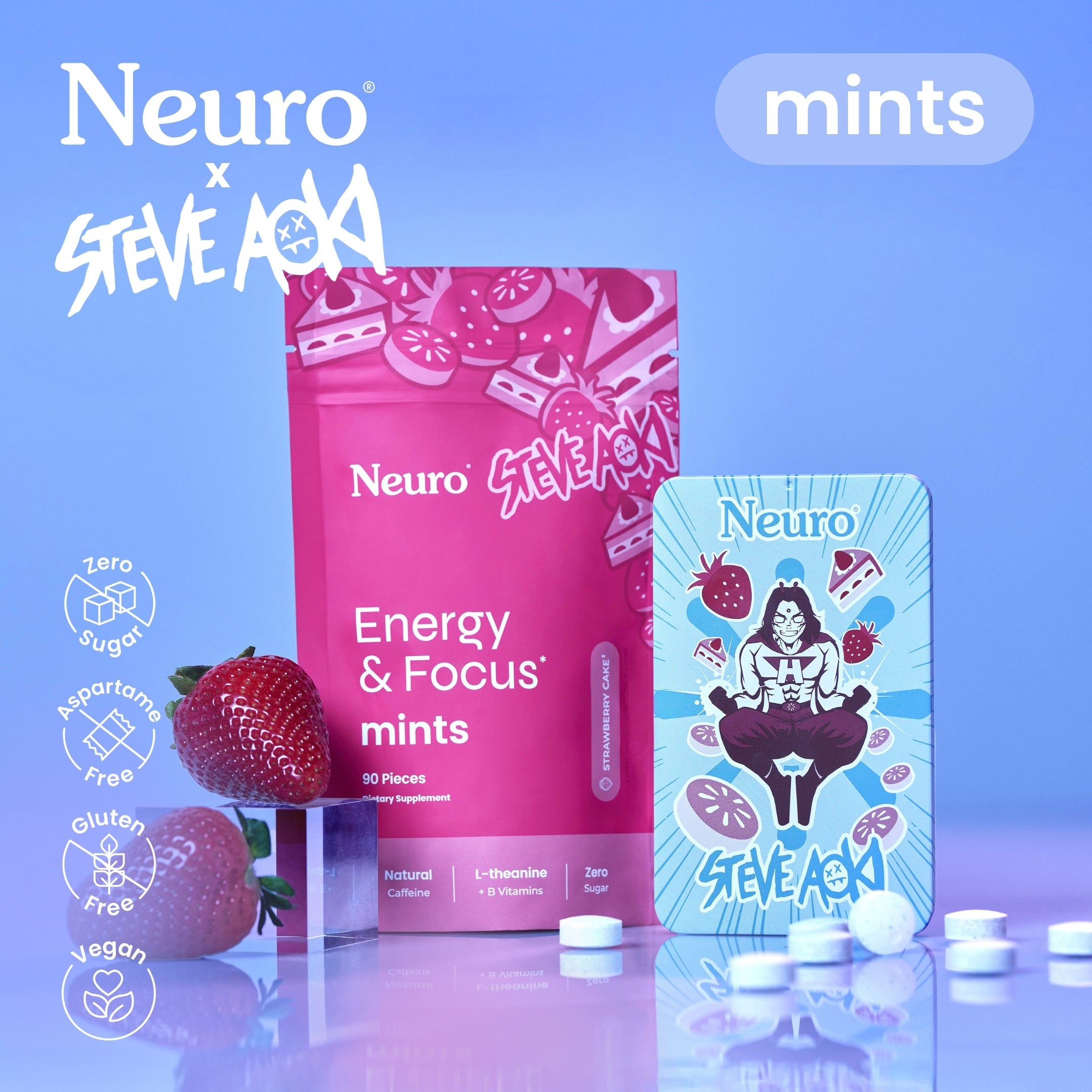 Neuro x Steve Aoki Energy & Focus Strawberry Cake Mints
