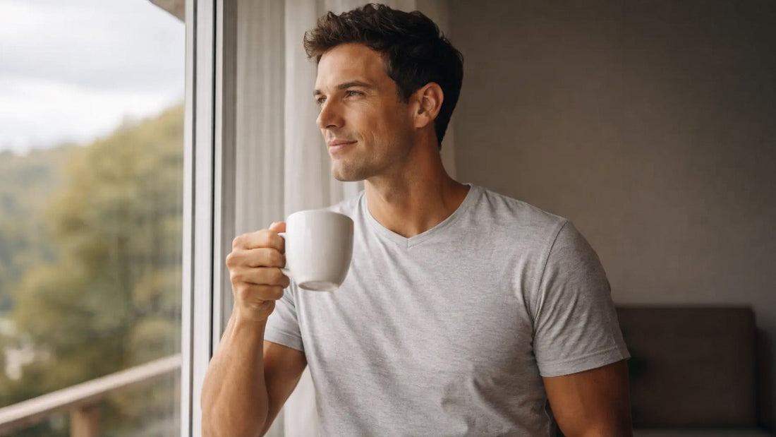 man looking at the window while having a cup of coffee to start the day