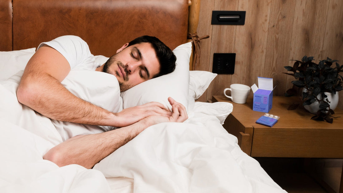 man sleeping well has a Neuro Sleep and Recharge Meltaway Mints package next to his bed
