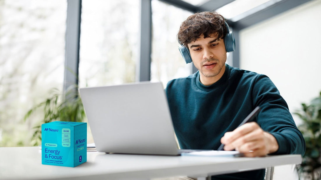 Young man studying on the laptop with Neuro Energy & Focus gum